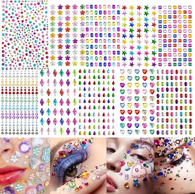 10 Sheets Face Gems Jewels for Makeup Heart Rhinestones Stickers Self Adhesive Assorted Shapes Rhinestones for Christmas Crafts, Eye Body Gems Nail Art Festival Party Rave Accessories for Women