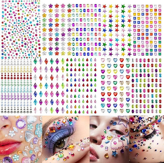 10 Sheets Face Gems Jewels for Makeup Heart Rhinestones Stickers Self Adhesive Assorted Shapes Rhinestones for Christmas Crafts, Eye Body Gems Nail Art Festival Party Rave Accessories for Women