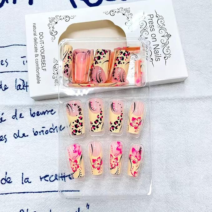Fall French Tip Press on Nails Long Square False Nails With Pink Flower Design Full Cover Glue on Nail Reusable Withe French Tip Acrylic Fake Nails Glossy Artificial Stick on Nail for Women
