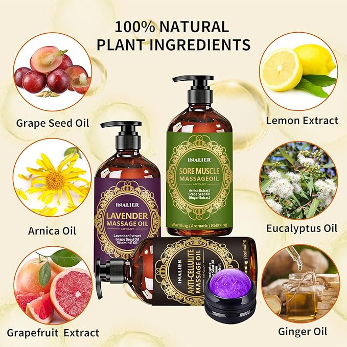 Massage Oil for Massage Therapy,Christmas Massage Gifts for Women Men, 3 Pack Cellulite,Lymphatic Drainage-Ginger Oil Sore Muscle Arnica Oil & Lavender Massage Body Oil with Massage Ball,