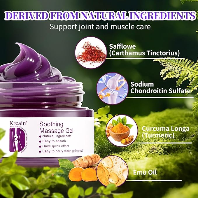 2 PCS Kreain Soothing Massage Purple Gel for Back, Neck, Shoulders, Hands, Feet, Wrists, Whole Body, Rich in Extracted Emu Oil, Safflower & Turmeric (3.5 OZ)