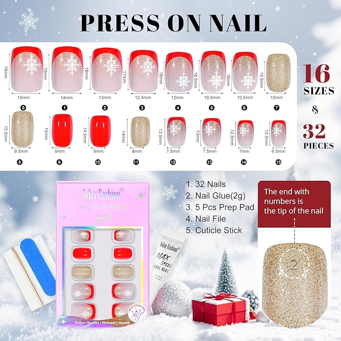 Christmas Press On Nails Short - Jofay Fashion French Tip Press On Nails, Acrylic Fake Nails with Snowflakes and Gold Glitter, Reusable False Nails Glue On Nails for Women 32Pcs in 16 Sizes