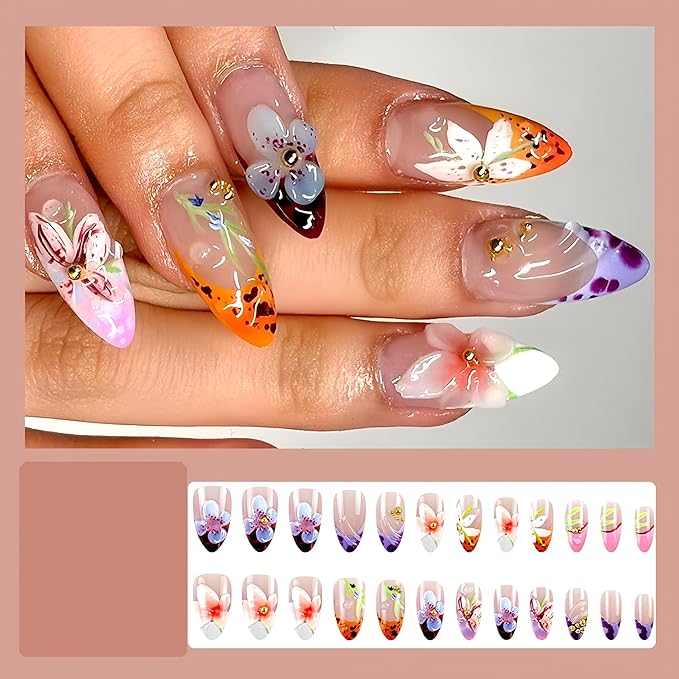 24Pcs Flower Press on Nails Almond Medium Fake Nails 3D Floral Gold Bead Design Colorful Leopard French Tip False Nails Cheetah Print Artificial Acrylic Nail Glue on Nails Stick on Nail for Women