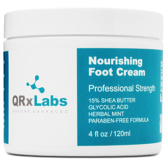 QRxLabs Shea Foot Cream 4 oz - Hydrating & Cooling Formula with 15% Shea Butter, Spearmint, Vitamin E, Glycolic Acid - Non-Greasy, Quick-Absorbing, Paraben-Free - Repair Dry, Cracked Feet