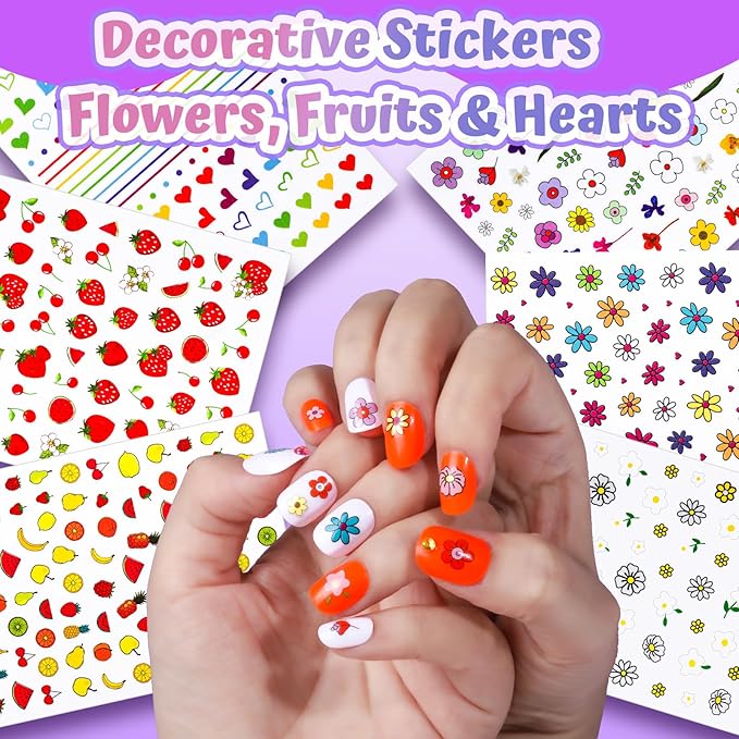 FANDAMEI Press On Nails for Girls, 12 Style Press On Nails for Kids, 6 Sheet Heart Fruit Flower Nail Stickers for Kids, 3D Rhinestone Stickers Face Gems Mermaid Colorful, Nail Art Kit for Girls