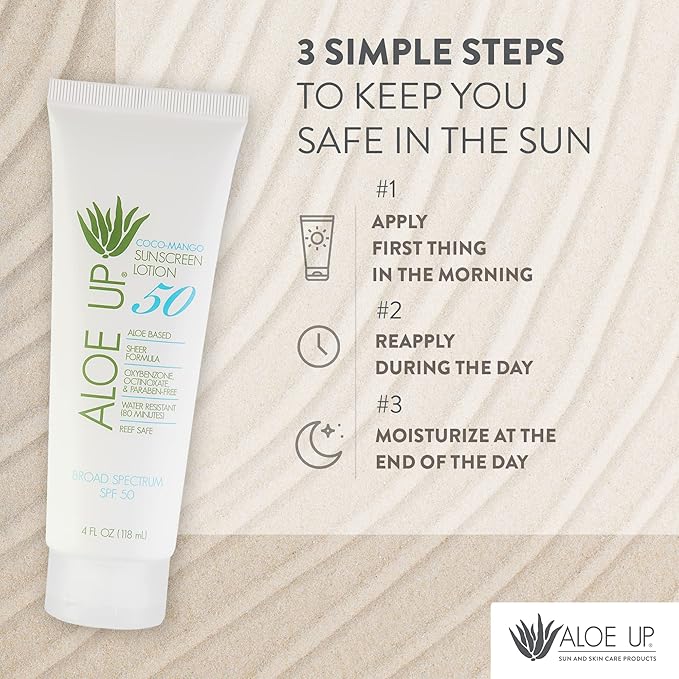 Aloe Up SPF 50 Sunscreen for Sensitive Skin - Broad Spectrum Face and Body Sunblock with Aloe Vera - Reef-Safe, Hydrating Coco-Mango Fragrance, 4 Oz