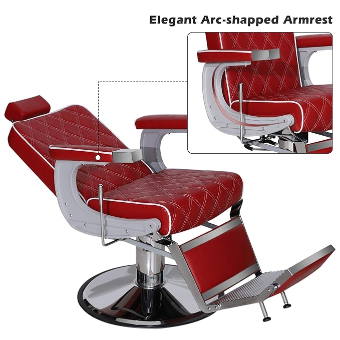 BarberPub Heavy Duty Metal Vintage Barber Chair All Purpose Hydraulic Recline Salon Beauty Spa Shampoo Equipment 3825 (Red with White Stitches)