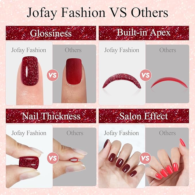 Press on Nails Short 5 Styles, Jofay Fashion 160Pcs Valentines Nails Red Press on Nails, Square Glitter Fake Nails with Designs, Reusable Glossy Acrylic False Nails Glue on for Women 16 Sizes