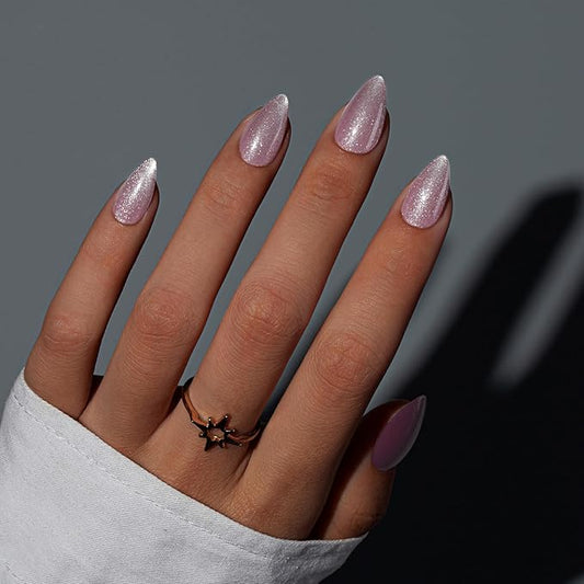 KQueenest Cat Eye Press On Nails Short, Acrylic Press On Nails Almond, Sparkle Light Pink Fake Nails With Glue, Recycled Soft Gel Glue On Nails for Woman, Long-Lasting Glitter Effect, 30 Pcs