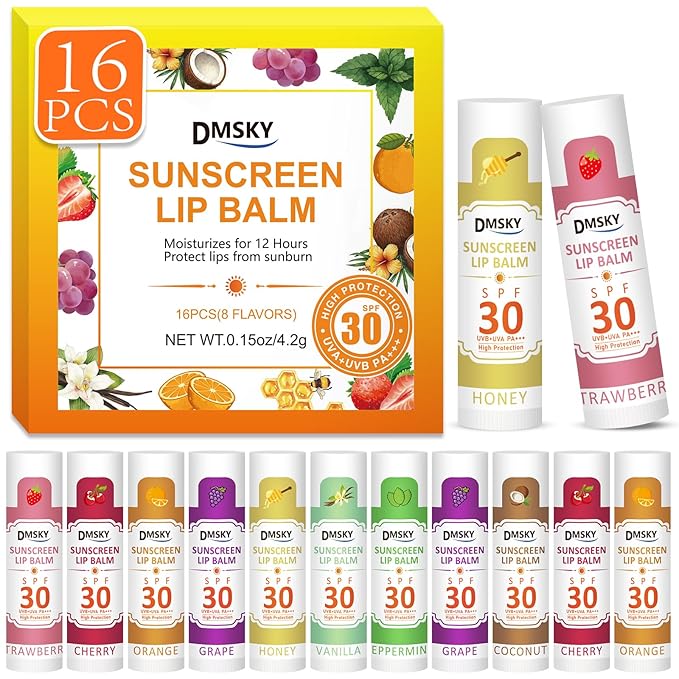 DMSKY SPF 30 Lip Balm Bulk 16 Pack, Sunscreen Lip Balm Broad Spectrum UVA/UVB Protection, Travel Size Sunscreen for Lips