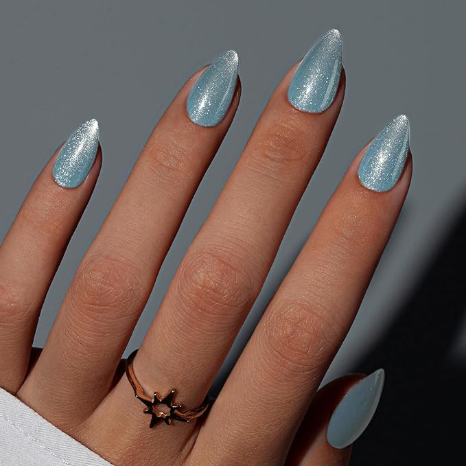 KQueenest Cat Eye Press On Nails Short, Acrylic Press On Nails Almond, Sparkle Pastel Soft Blue Fake Nails With Glue, Recycled Soft Gel Glue On Nails for Woman, Long-Lasting Glitter Effect, 30 Pcs