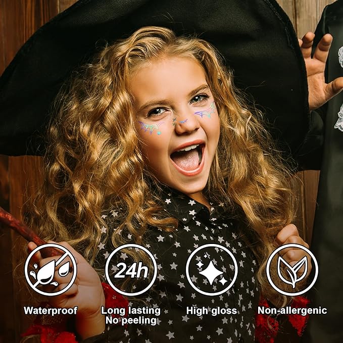 8PCS Halloween Glitter Freckles Face Tattoo, Sparkle Freckles for Women and Kids, Cute Star Waterproof Gold Temporary Face Tattoos Glitter Glow Up Patches (8PCSC Holographic Multicolor)