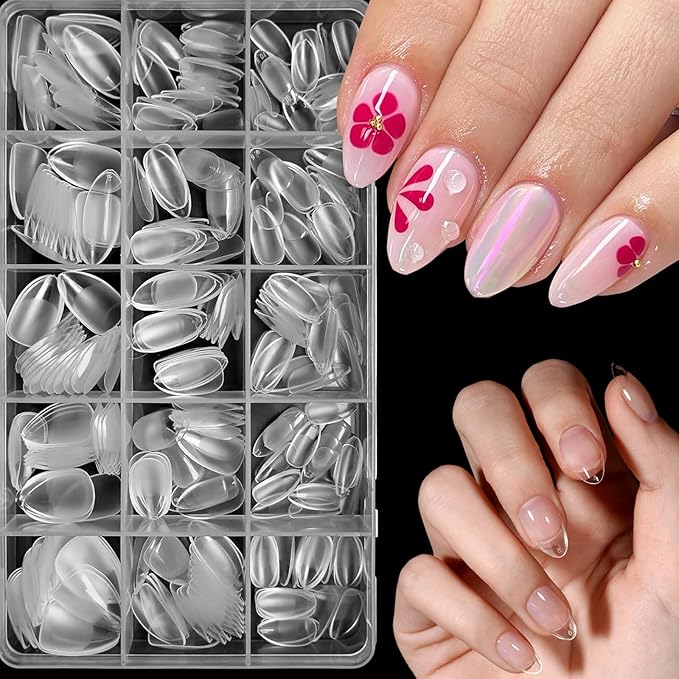 600Pcs Short Almond &Tapered Round Square Soft Gel Nail Tips Set 2 Shape XS Clear Acrylic False Nails for Manicure Extension Art Home DIY Salon, Professional 15 Sizes,Full Cover Fake Nail Tips BlueZOO