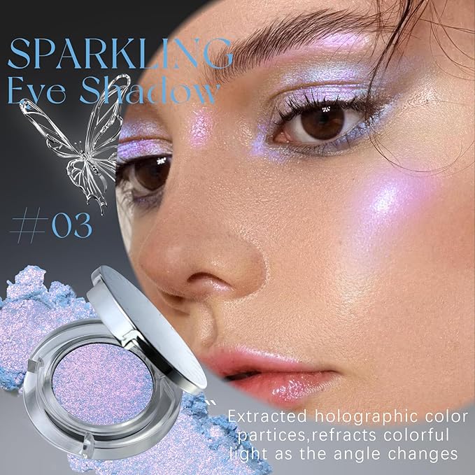 Chameleon Purple Blue Glitter Eyeshadow, Multichrome Color Shifting Single Eyeshadow, Holographic Sparkling Inner Corner Eye Highlighter Shimmer Eye Makeup Palette 03