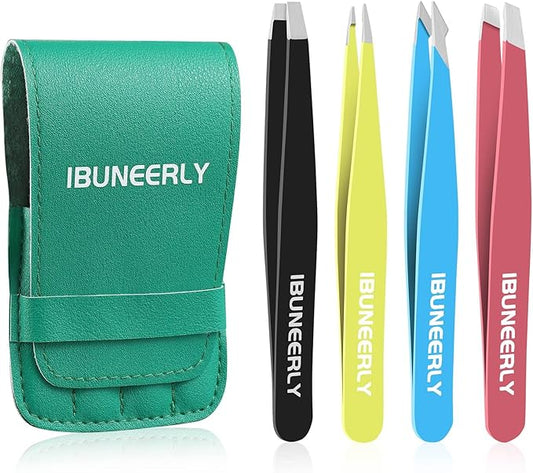 Eyebrows Tweezers Set, 4Pcs Stainless Steel Tweezers for Women with Travel Case, Great Precision for Ingrown Hair, Facial Hair and Splinter Removal