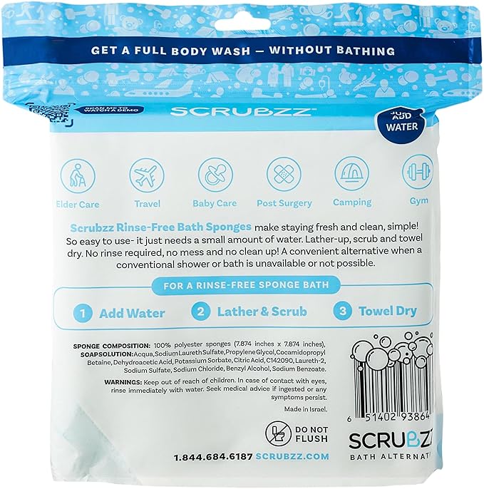 Scrubzz Disposable No Rinse Bathing Wipes - All-in-1 Single Use Shower Wipes, Simply Dampen, Lather, and Dry Without Shampoo or Rinsing (Unscented, 4-Pack)