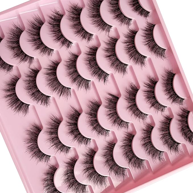 KSYOO Mink Lashes Strips 3D False Natural Fluffy Wispy Eyelashes 8-15mm Short Cat Eye Lashes Full Volume Russian D Curl Strip Eyelash 16 Pairs