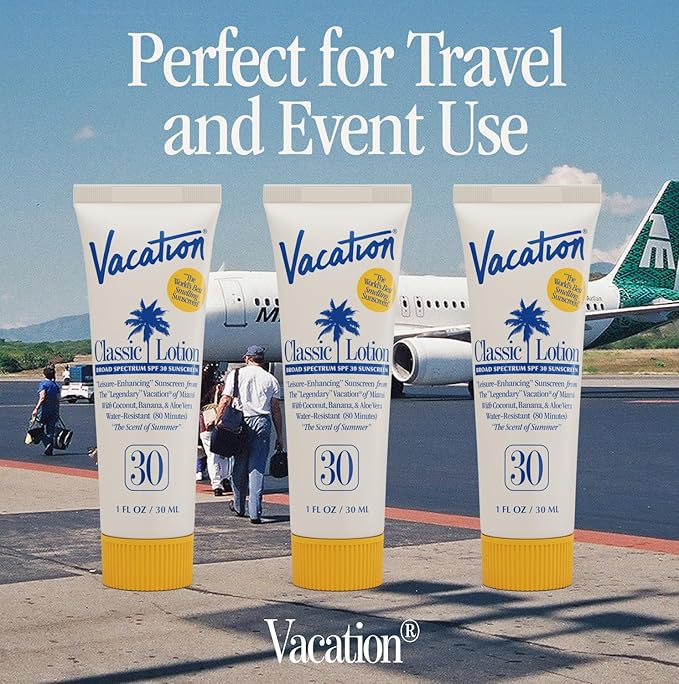 Vacation Mini Classic Sunscreen SPF 30, Water-Resistant, Bulk Suntan Lotion, Bachelorette Party Favors, Beach Must Haves, Traveling Essentials, Travel Size, 1 Fl. Oz. (Value Pack of 12)