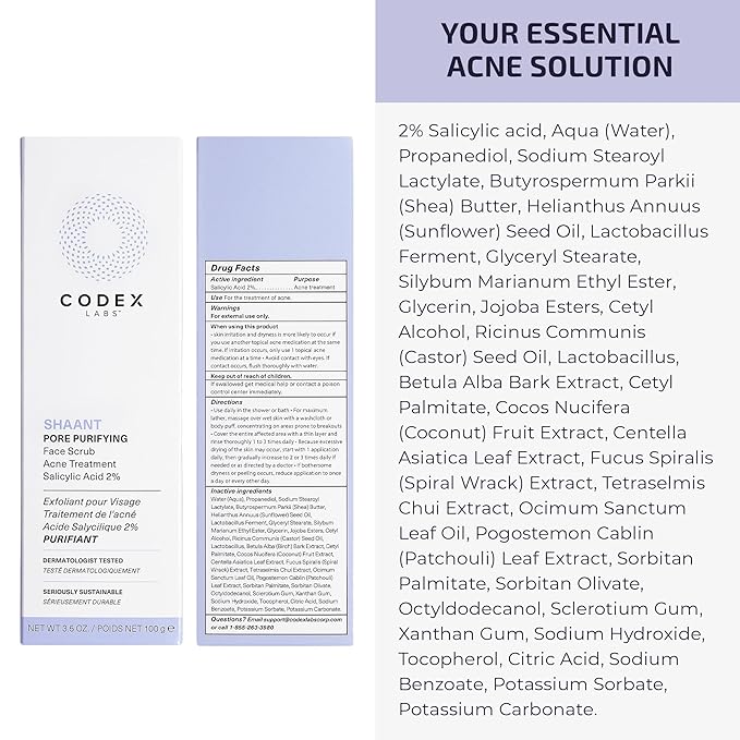 Codex Labs Shaant Pore Purifying Face Scrub - Oil Control Pore Minimizer Exfoliator - For Acne Prone, Oily Skin, All Skin Types - With 2% Salicylic Acid - Cruelty-Free, Vegan Skincare (100g)