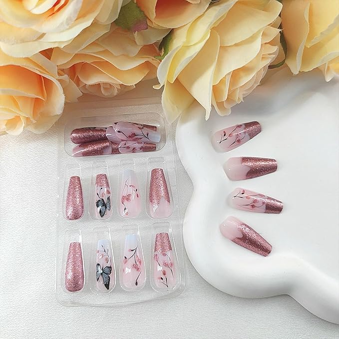 Coffin Press on Nails Medium French Tip False Nails with Butterfly Flower Design Glitter Glue on Nails Gradient Fake Nails Light Pink Coffin Nails Press ons Glossy Acrylic Nails for Girls 24Pcs