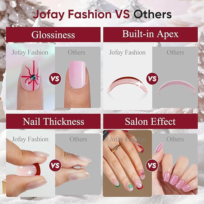 Christmas Press On Nails Short - Jofay Fashion French Tip Press On Nails Square for Gifts, Stick On Nails with Glue, Glossy Reusable Nail Tips in 16 Sizes - 32Pcs Soft Gel Fake Nails Kit