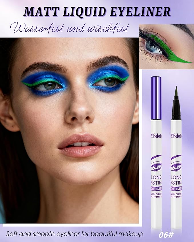 Liquid Eyeliner Pen, Green Waterproof Long Lasting Colored Eye liner Pen with Precision Tip, Matte Colorful Smudgeproof High Pigmented Eyeliner Pencil, Cosplay Party Stage Eye Makeup Gift for Women-06