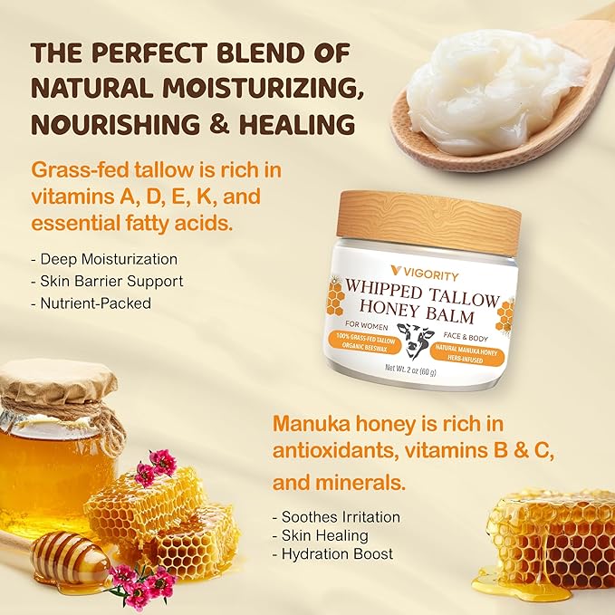 Vigority Beef Tallow and Honey Balm: Organic Grass Fed Whipped Beef Tallow for Skin - Beef Tallow Face Moisturizer Infused with Manuka Honey, Beeswax and Olive Oil - 2 oz, Unscented