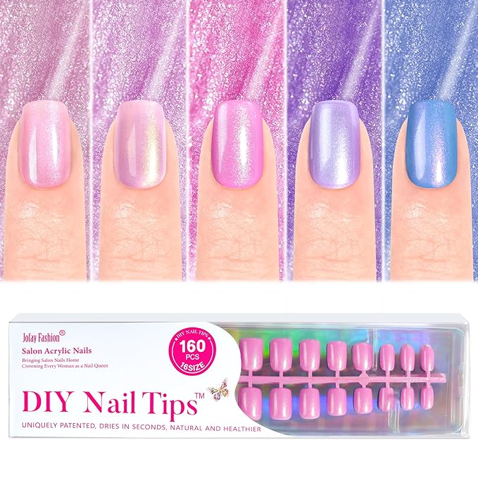 Jofay Fashion Press on Nails Short - 5 Styles Fake Nails with Pink & Blue & Purple Collection Mermaid Meal, Glossy Acrylic False Nails Reusable Full Cover Stick on Fake Nails, 16 Sizes