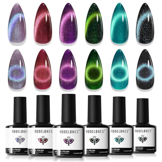 modelones Cat Eye Gel Nail Polish, 6 Colors Glitter Red Green Purple Blue Gel Polish Set with Magnet Sparkle Galaxy Series Nail Gel Polish Kit Soak Off Led Nail Art Manicure Salon DIY Gifts