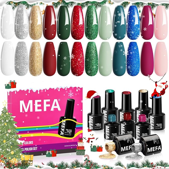 MEFA Christmas Gel Nail Polish Set Limited Edition, 12 Colors Burgundy Red Dark Green Glitter Gel Polish Winter Silver Gold Sparkle Nail Polish Manicure Soak Off Salon Christmas Gifts for Women Girl