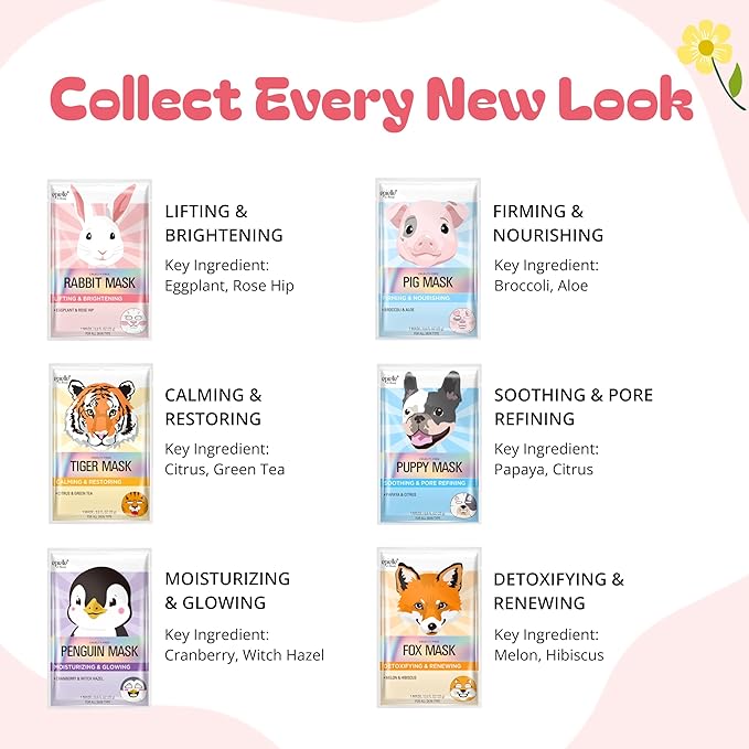 Epielle Character Face Mask Fuzzy Friends 12 Pack, Fun & Effective Korean Skin Care, Spa Party Favors, Stocking Stuffers, Birthday Gifts for Women, Thanksgiving Essentials