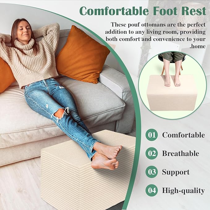 Rectangular Stuffed Pouf Ottoman with Foam Chunk Filling, Coral Fleece and Furry Fabric Design, Multi-Functional Floor Pouf for Living Room, Beige