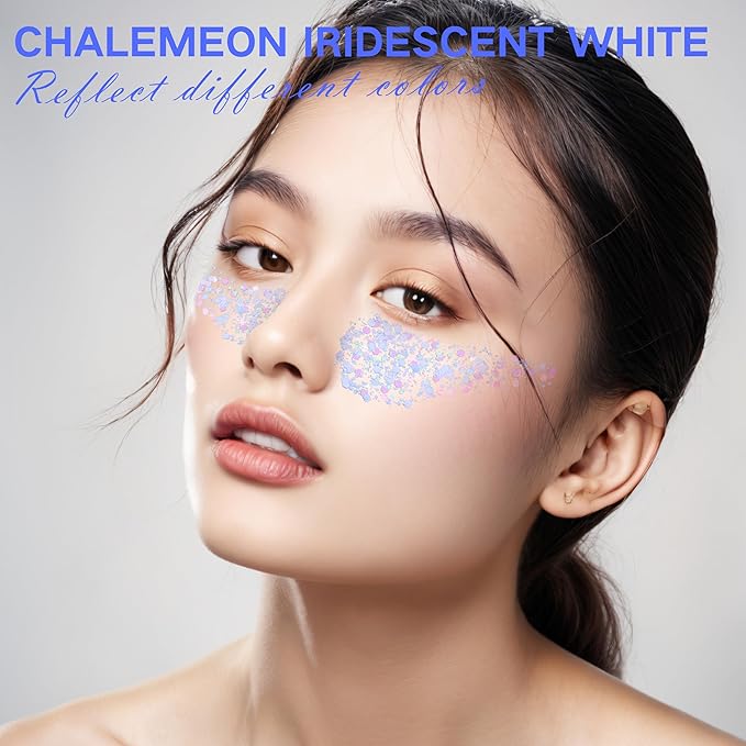 Iridescent White Face Glitter,Color Changing Mermaid Body Hair Glitter Gel,Chunky Glitter Face Paint,Sparkling Sequin for Face Body,Halloween Festival Party Chameleon Glitter Makeup,50ml