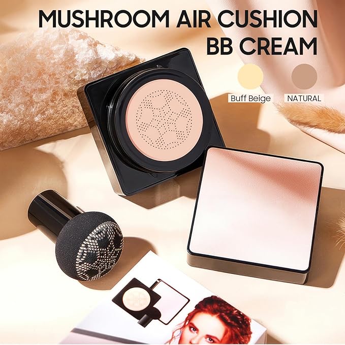 Air Cushion CC Cream Mushroom Head - Moisturizing Screw Lid Concealer Makeup Base Create Long-Lasting & Waterproof Makeup, Cushion Foundation Full Coverage for All Skin Types (Medium Deep)