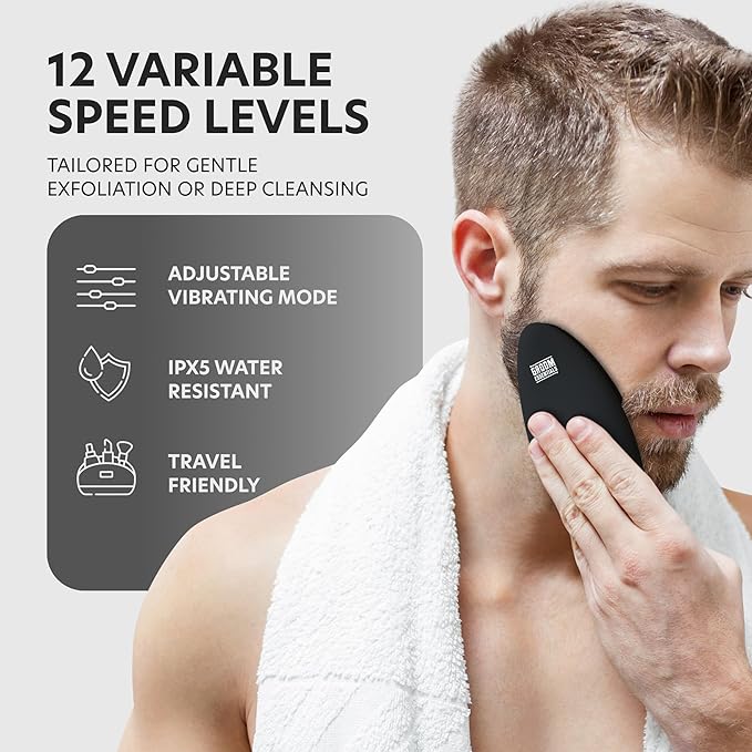 ChargeWorx Groom Essentials Rechargeable Silicone Face Scrubber, Sonic Face-and-Eye Massager, Pore-Cleansing Brush, IPX5 Water-Resistant, Battery Operated with USB Charging Cable, Black