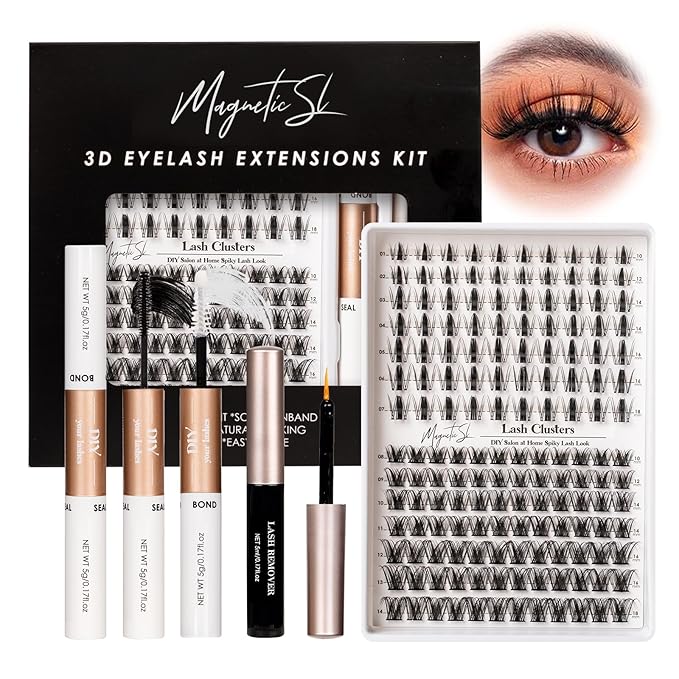 Lash Clusters 154pcs Manga Lash Extension Kit Curly 10-18mm Cluster Eyelash Extensions Natural Lash with Bond and Seal-M32+M34（Spiky+Natural）