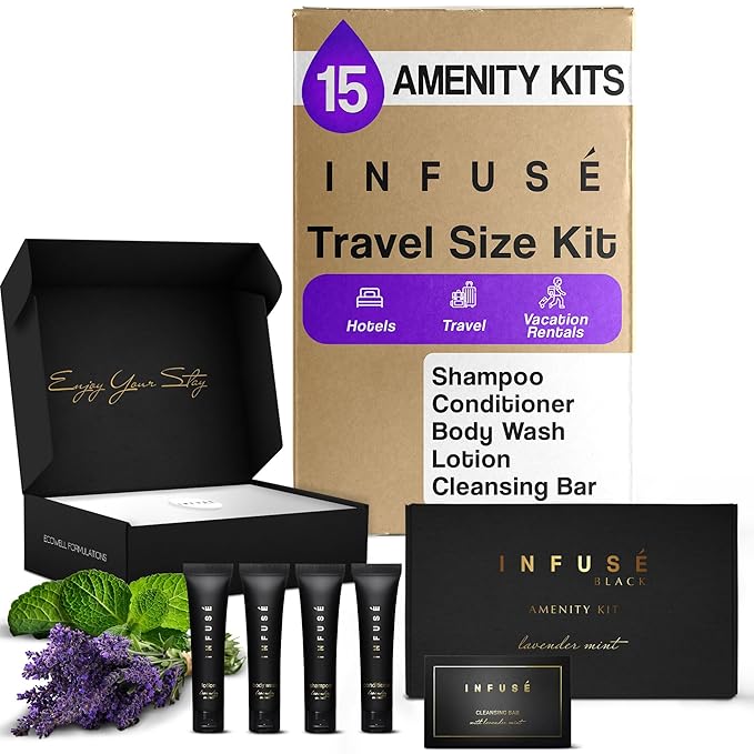 Infuse Black Amenity Kit | Boxed Hotel Toiletries | Bulk Set 1 oz Travel Size Shampoo, Conditioner, Lotion, Body Wash & Cleansing Bar for Guest Hospitality AirBnB/Vacation Rentals | 75 Pieces