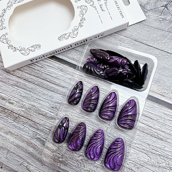 24Pcs Purple Press on Nails Medium Almond Fake Nails with 3D Butterfly Wings Water Drop Designs Stick on Nails Glitter False Nails Full Cover Cool Acrylic Nails Black Purple Glue on Nails for Women