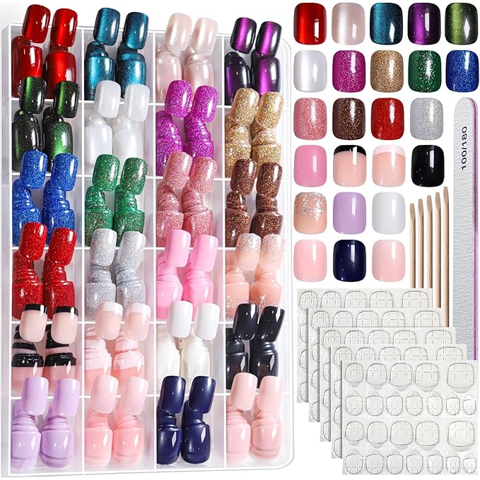 FANDAMEI Press on Nails, 24 Colors 576PCS Short Press on Nails, Cat Eye Nails Short Round. Glossy Glitter Nails Press On French Tip, Natural Fit Lightweight for Christmas Nail Art