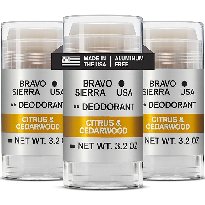 Aluminum-Free Deodorant for Men by Bravo Sierra, 3-Pack- Contains Natural Ingredients – Long Lasting All-Day Odor and Sweat Protection - Citrus and Cedarwood, 3.2 oz-Paraben-Free, Vegan & Cruelty-Free