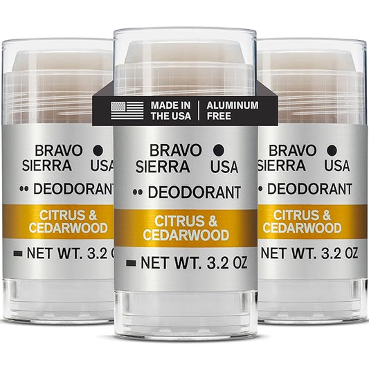 Aluminum-Free Deodorant for Men by Bravo Sierra, 3-Pack- Contains Natural Ingredients – Long Lasting All-Day Odor and Sweat Protection - Citrus and Cedarwood, 3.2 oz-Paraben-Free, Vegan & Cruelty-Free