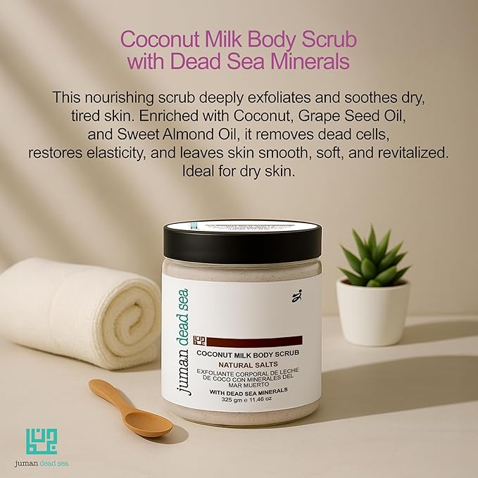 Juman Dead Sea Minerals Premium Coconut Milk Body Scrub | Infused with Essential Oil & Nutrients | Coconut Mineral Salt Scrub | Great for Dry Skin | SlS & Paraben Free | Vegan | 11.46 Oz