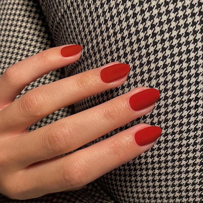 Matte Red Press on Nails Short Almond Fake Nails Press ons, Thick Solid Color Glue on Nails Short False Nails, Natural Acrylic Medium Almond Nails Oval Round Shaped for Women, 24 Pcs