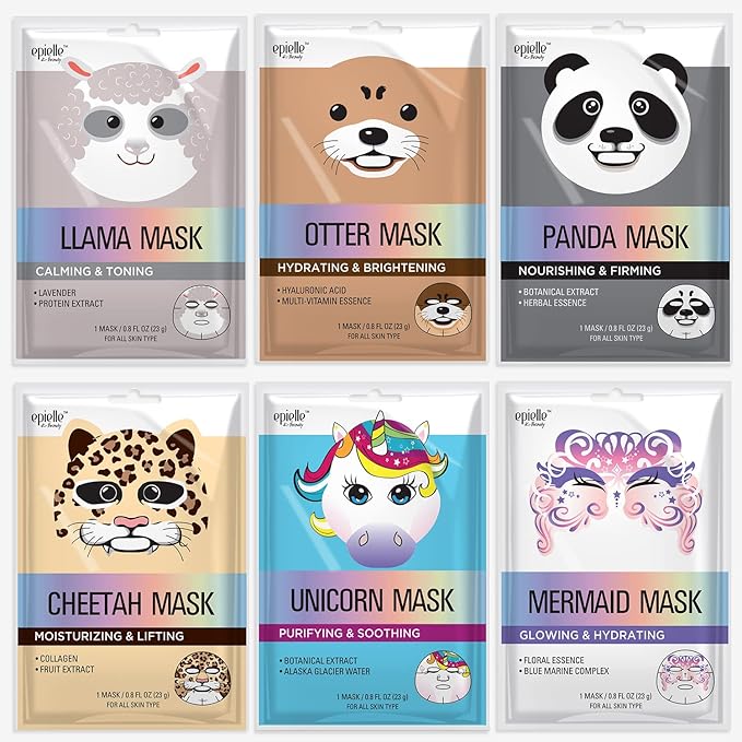 Epielle Character Face Mask Mystical Safari 6 Pack, Fun & Effective Korean Skin Care, Spa Party Favors, Stocking Stuffers, Birthday Gifts for Women, Thanksgiving Essentials