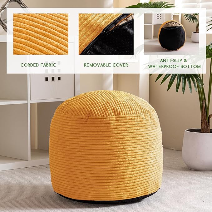 HIGOGOGO Round Stuffed Pouf Ottoman, Corduroy Poufs with Foam Chunk Filling, Furry and Fluffy Pouf Foot Stool Storage Ottoman, 20 X 15 Floor Poufs Foot Rest for Living Room, Orange