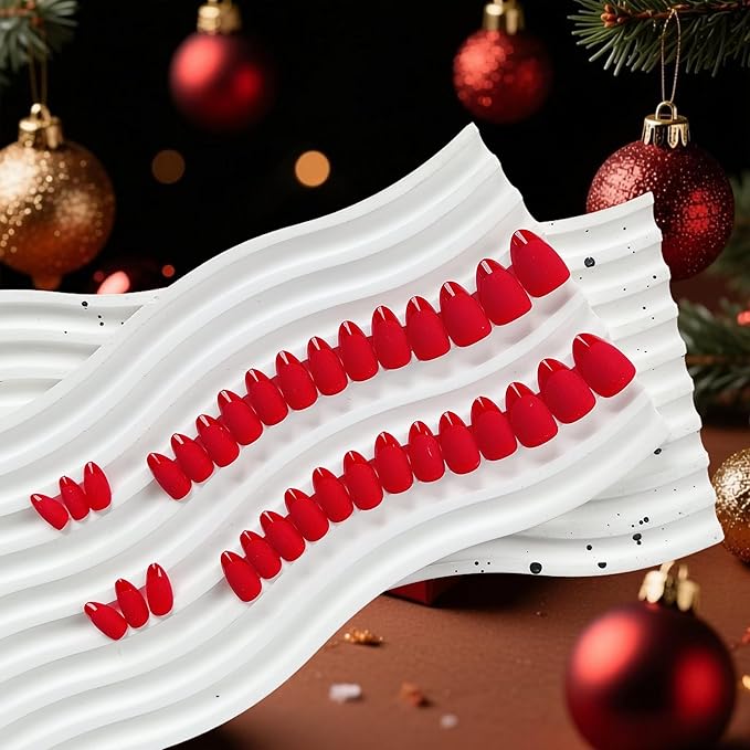 Light Red French Tip Press on Nails Short Almond Nails Press ons, Short Fake Nails with Matte Finish, Brighter French Glue on Nail False Nail for Women Fall Winter, in 32 Pcs 16 Sizes