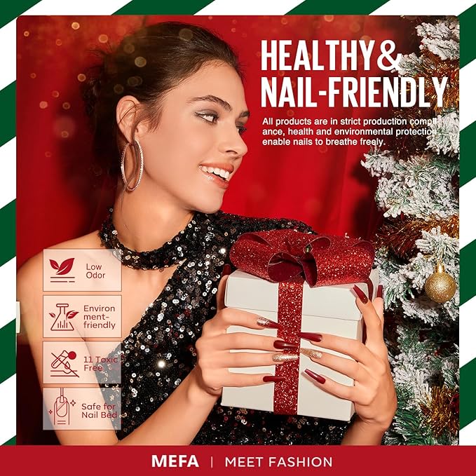 MEFA Christmas Gel Nail Polish Set Limited Edition, 12 Colors Burgundy Red Dark Green Glitter Gel Polish Winter Silver Gold Sparkle Nail Polish Manicure Soak Off Salon Christmas Gifts for Women Girl