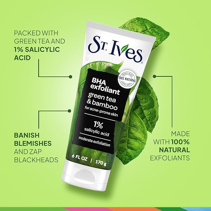 St. Ives Blackhead Clearing Face Scrub, Clears Blackheads & Unclogs Pores, Green Tea & Bamboo, Salicylic Acid Acne Treatment Facial Scrub, Moderate Exfoliator with Natural Exfoliants 6 oz, 6 Pack