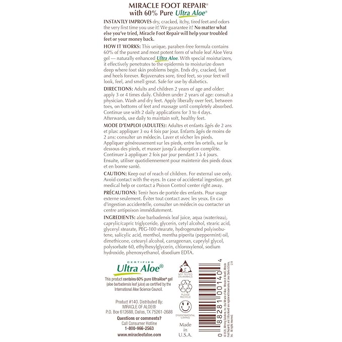 Miracle Foot Repair Cream (8 oz & 1 oz) Repairs Dry Cracked Heels and Feet, 60% Pure UltraAloe Moisturizes, Softens, and Repairs