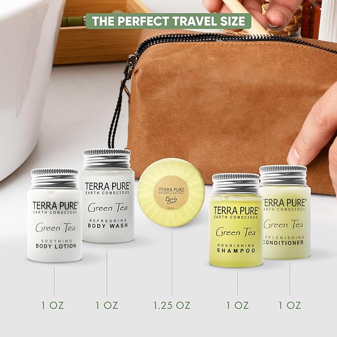 Terra Pure Hotel Soaps & Toiletries Bulk Set | 1-Shoppe Amenities Kit | 1oz Shampoo & Conditioner, Body Wash, Lotion, 1.25oz Bar Soap | Travel Size | 300 Pieces